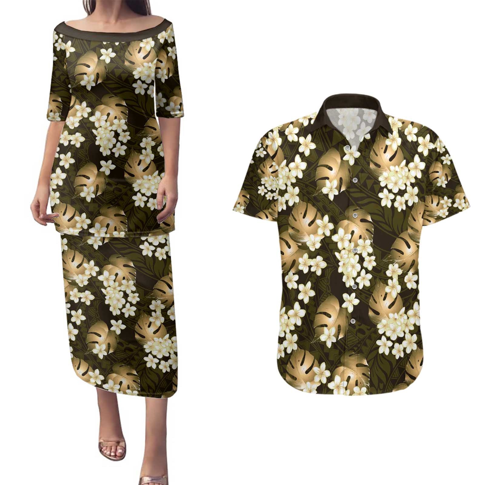 Gold Tropical Hawaii Couples Matching Puletasi and Hawaiian Shirt Seamless Monstera Plumeria Hawaiian Pattern LT14 Gold - Polynesian Pride