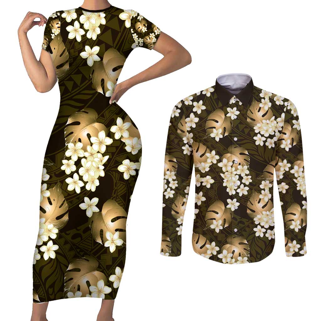 Gold Tropical Hawaii Couples Matching Short Sleeve Bodycon Dress and Long Sleeve Button Shirt Seamless Monstera Plumeria Hawaiian Pattern LT14 Gold - Polynesian Pride