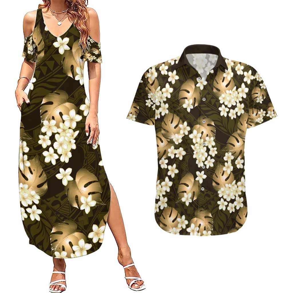 Gold Tropical Hawaii Couples Matching Summer Maxi Dress and Hawaiian Shirt Seamless Monstera Plumeria Hawaiian Pattern - Polynesian Pride