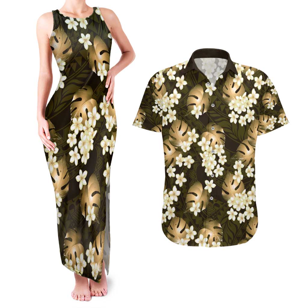 Gold Tropical Hawaii Couples Matching Tank Maxi Dress and Hawaiian Shirt Seamless Monstera Plumeria Hawaiian Pattern - Polynesian Pride