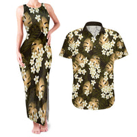 Gold Tropical Hawaii Couples Matching Tank Maxi Dress and Hawaiian Shirt Seamless Monstera Plumeria Hawaiian Pattern - Polynesian Pride
