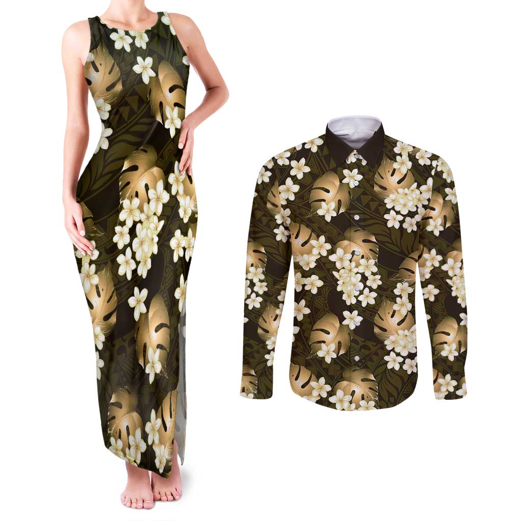 Gold Tropical Hawaii Couples Matching Tank Maxi Dress and Long Sleeve Button Shirt Seamless Monstera Plumeria Hawaiian Pattern LT14 Gold - Polynesian Pride