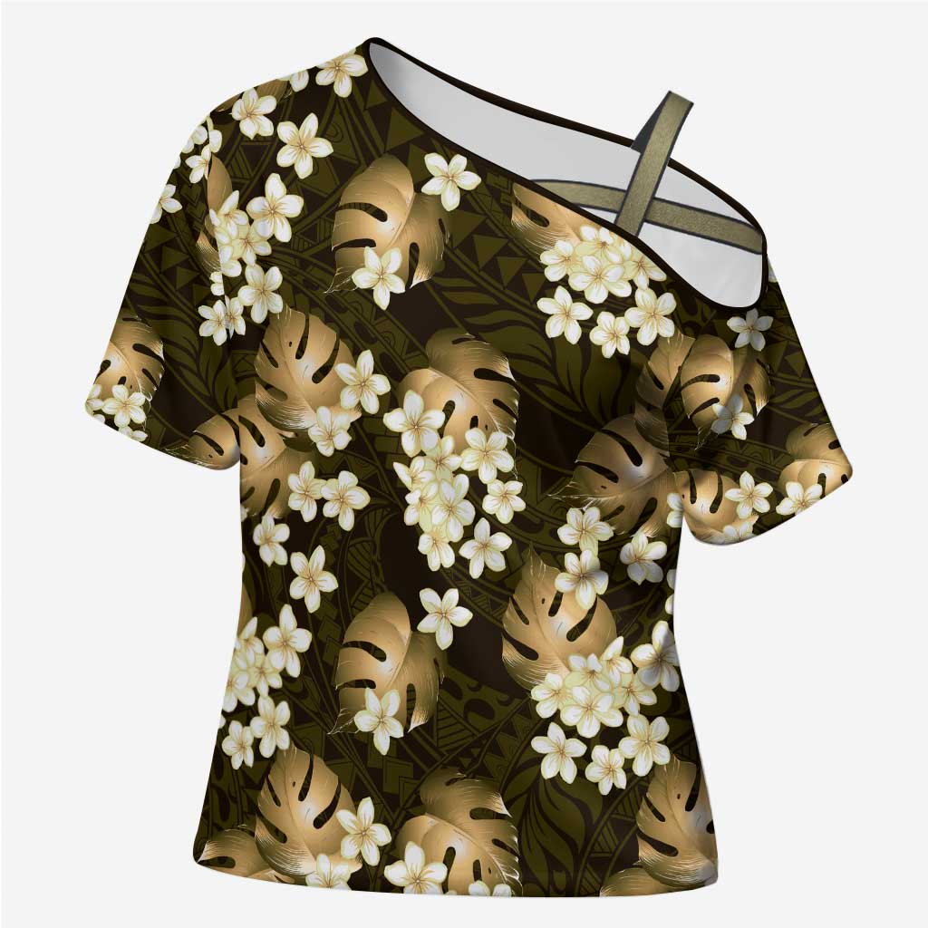 Gold Tropical Hawaii Cross Shoulder Shirt Seamless Monstera Plumeria Hawaiian Pattern - Polynesian Pride