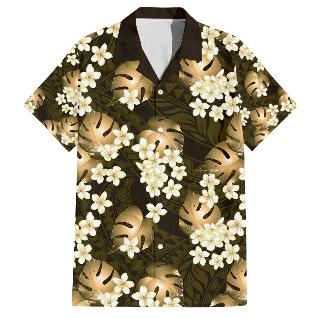 Gold Tropical Hawaii Family Matching Long Sleeve Bodycon Dress and Hawaiian Shirt Seamless Monstera Plumeria Hawaiian Pattern LT14 Dad's Shirt - Short Sleeve Gold - Polynesian Pride