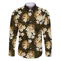 Gold Tropical Hawaii Family Matching Long Sleeve Bodycon Dress and Hawaiian Shirt Seamless Monstera Plumeria Hawaiian Pattern LT14 Dad's Shirt - Long Sleeve Gold - Polynesian Pride