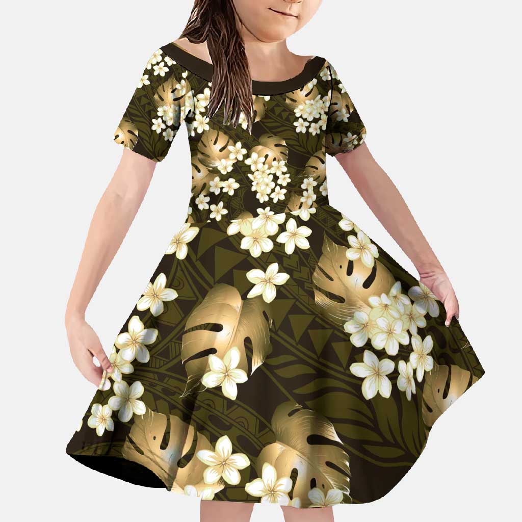 Gold Tropical Hawaii Family Matching Mermaid Dress and Hawaiian Shirt Seamless Monstera Plumeria Hawaiian Pattern LT14 Daughter's Dress Gold - Polynesian Pride