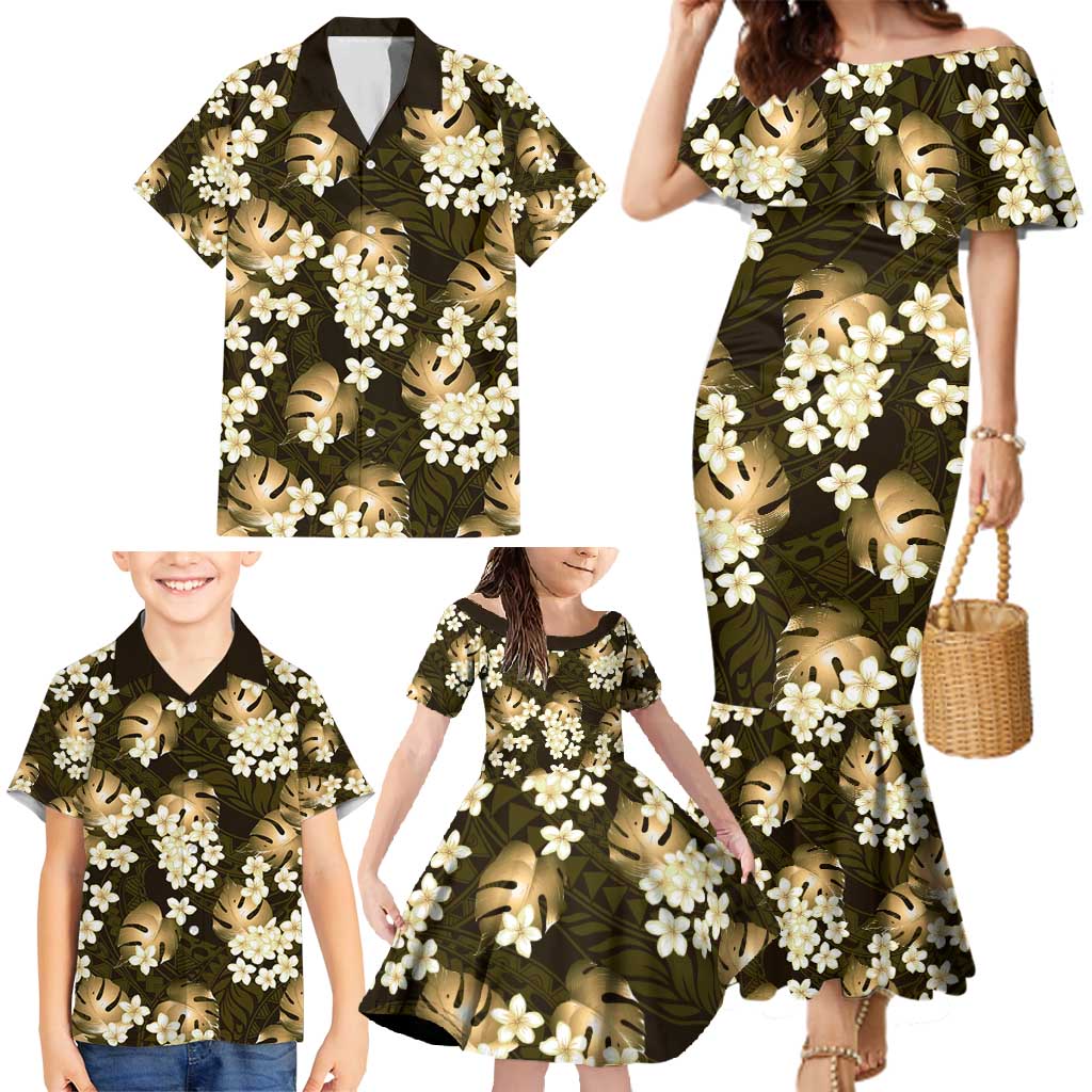 Gold Tropical Hawaii Family Matching Mermaid Dress and Hawaiian Shirt Seamless Monstera Plumeria Hawaiian Pattern - Polynesian Pride