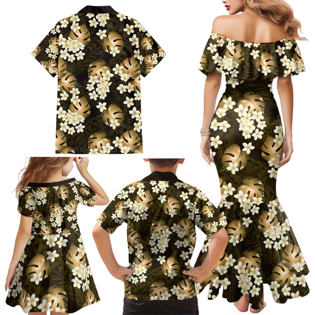 Gold Tropical Hawaii Family Matching Mermaid Dress and Hawaiian Shirt Seamless Monstera Plumeria Hawaiian Pattern LT14 - Polynesian Pride