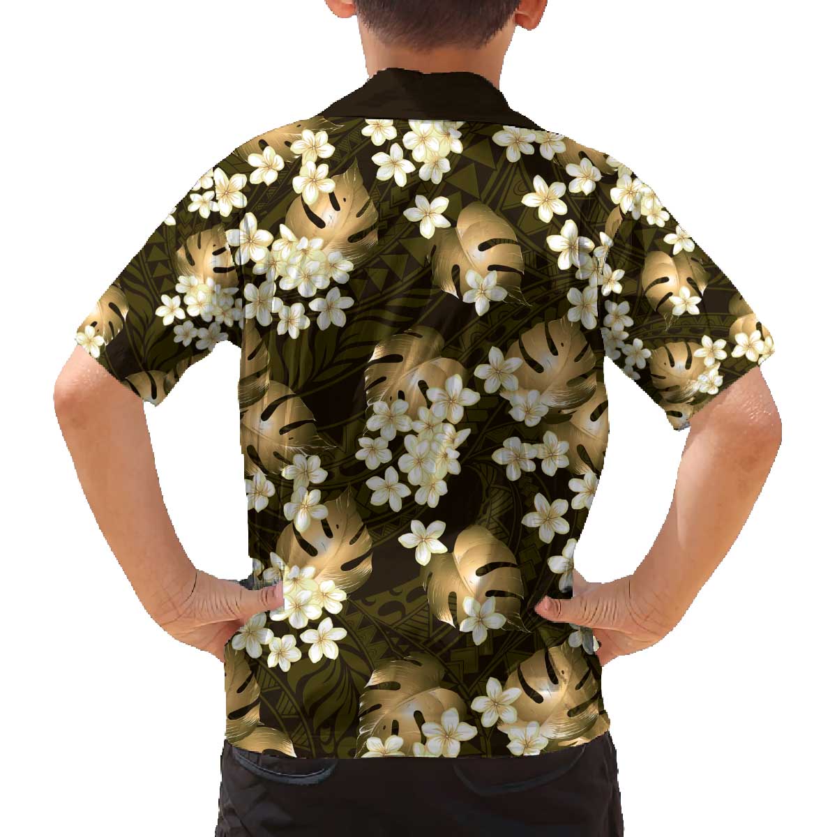 Gold Tropical Hawaii Family Matching Off The Shoulder Long Sleeve Dress and Hawaiian Shirt Seamless Monstera Plumeria Hawaiian Pattern LT14 - Polynesian Pride