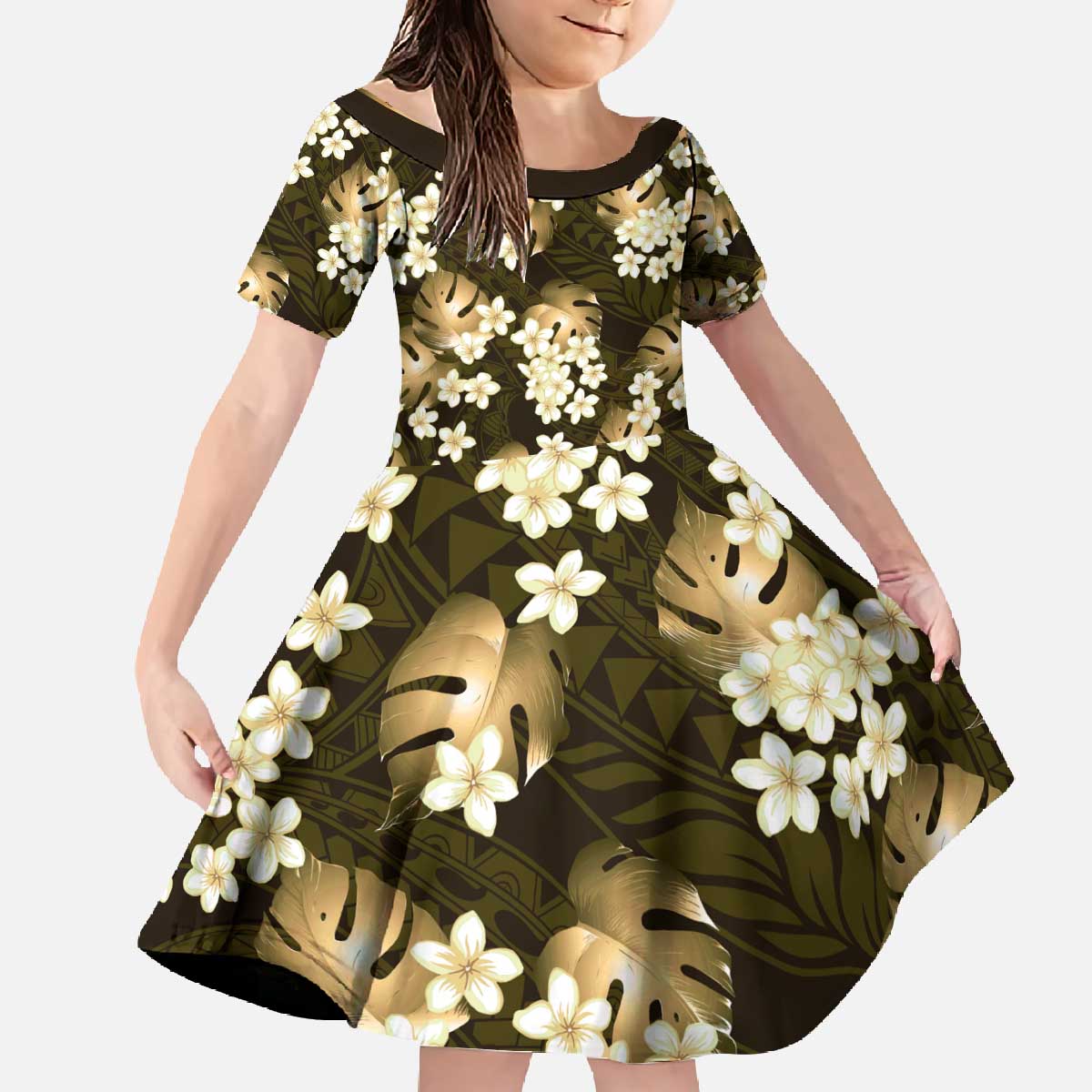 Gold Tropical Hawaii Family Matching Off The Shoulder Long Sleeve Dress and Hawaiian Shirt Seamless Monstera Plumeria Hawaiian Pattern LT14 Daughter's Dress Gold - Polynesian Pride