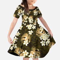 Gold Tropical Hawaii Family Matching Off The Shoulder Long Sleeve Dress and Hawaiian Shirt Seamless Monstera Plumeria Hawaiian Pattern LT14 Daughter's Dress Gold - Polynesian Pride