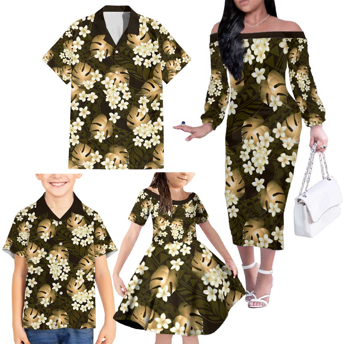 Gold Tropical Hawaii Family Matching Off The Shoulder Long Sleeve Dress and Hawaiian Shirt Seamless Monstera Plumeria Hawaiian Pattern LT14 - Polynesian Pride