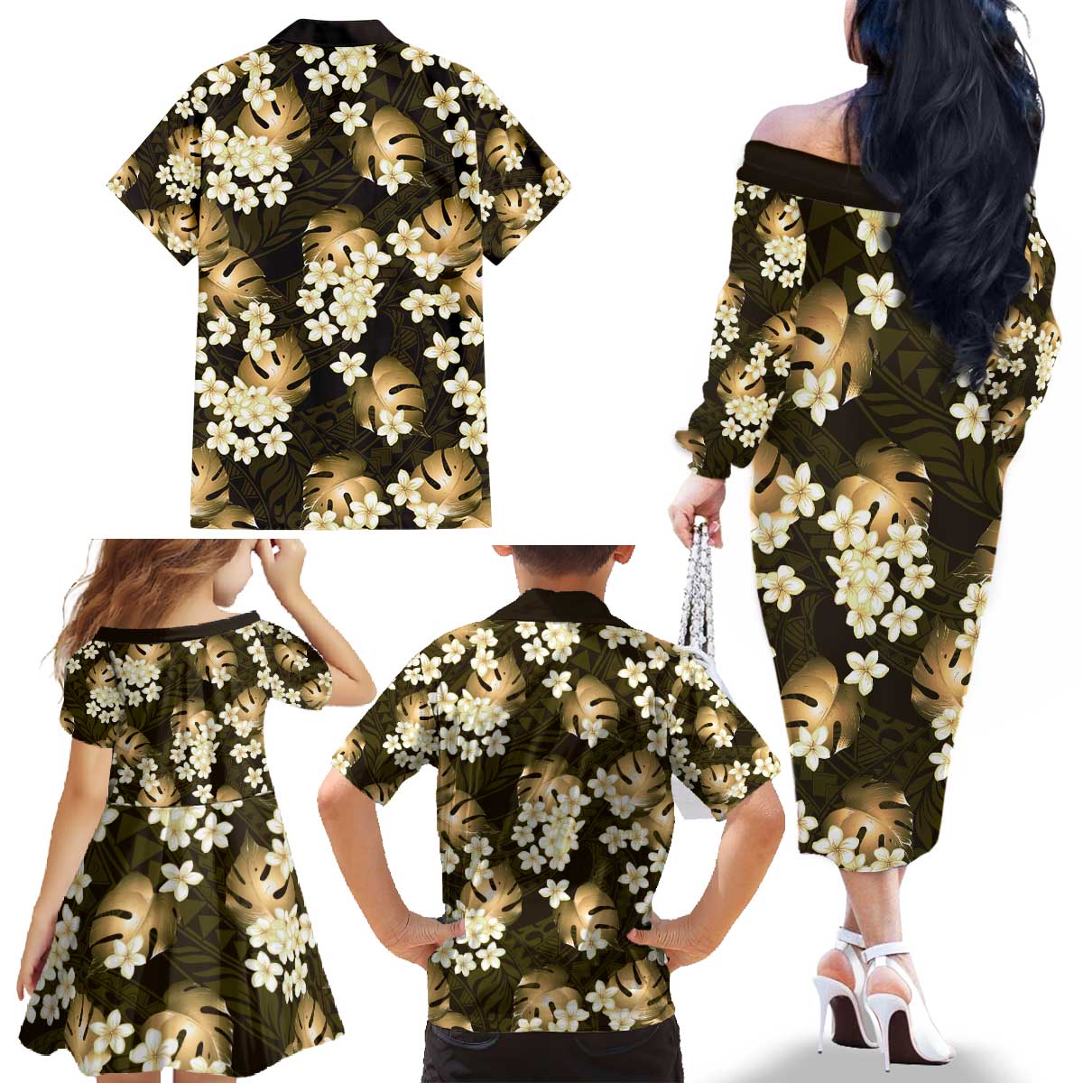 Gold Tropical Hawaii Family Matching Off The Shoulder Long Sleeve Dress and Hawaiian Shirt Seamless Monstera Plumeria Hawaiian Pattern LT14 - Polynesian Pride