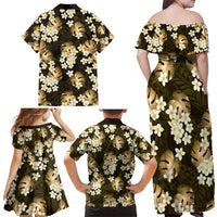 Gold Tropical Hawaii Family Matching Off Shoulder Maxi Dress and Hawaiian Shirt Seamless Monstera Plumeria Hawaiian Pattern LT14 - Polynesian Pride