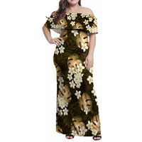 Gold Tropical Hawaii Family Matching Off Shoulder Maxi Dress and Hawaiian Shirt Seamless Monstera Plumeria Hawaiian Pattern LT14 Mom's Dress Gold - Polynesian Pride