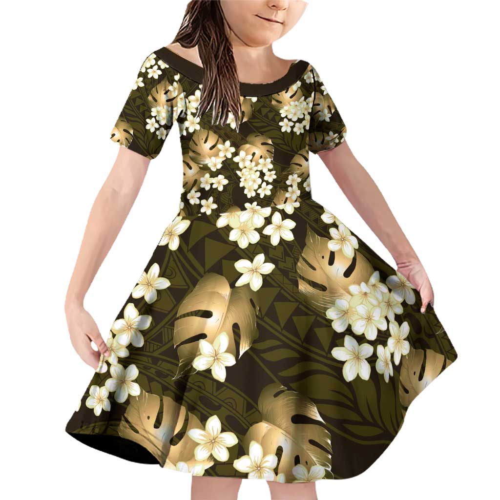 Gold Tropical Hawaii Family Matching Off Shoulder Short Dress and Hawaiian Shirt Seamless Monstera Plumeria Hawaiian Pattern LT14 Daughter's Dress Gold - Polynesian Pride