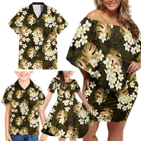 Gold Tropical Hawaii Family Matching Off Shoulder Short Dress and Hawaiian Shirt Seamless Monstera Plumeria Hawaiian Pattern LT14 - Polynesian Pride