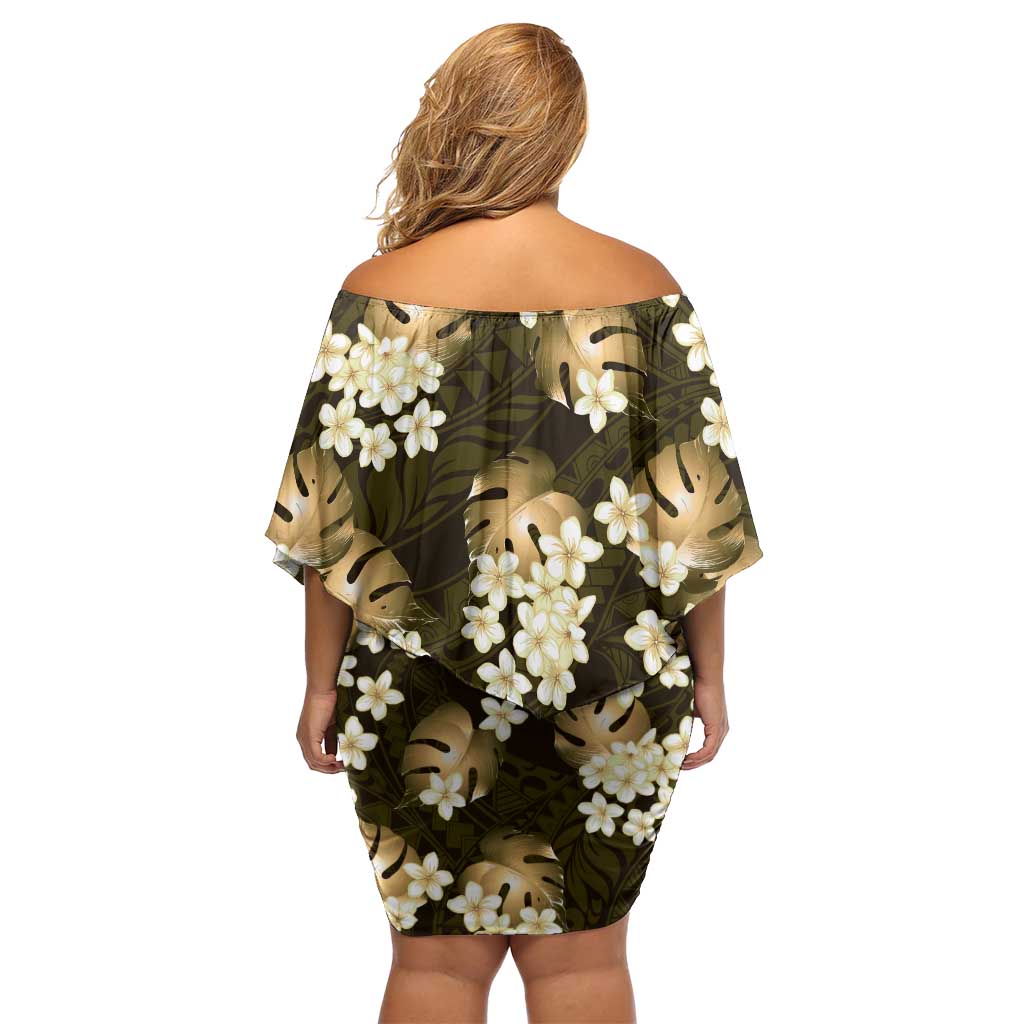 Gold Tropical Hawaii Family Matching Off Shoulder Short Dress and Hawaiian Shirt Seamless Monstera Plumeria Hawaiian Pattern LT14 - Polynesian Pride