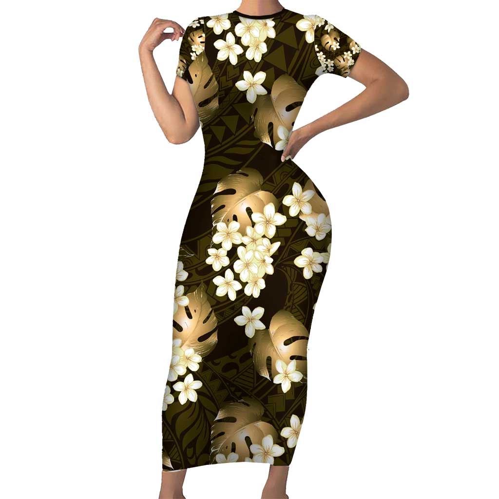 Gold Tropical Hawaii Family Matching Short Sleeve Bodycon Dress and Hawaiian Shirt Seamless Monstera Plumeria Hawaiian Pattern LT14 Mom's Dress Gold - Polynesian Pride