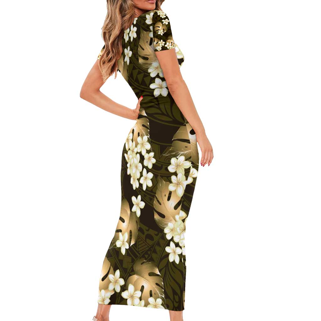 Gold Tropical Hawaii Family Matching Short Sleeve Bodycon Dress and Hawaiian Shirt Seamless Monstera Plumeria Hawaiian Pattern LT14 - Polynesian Pride