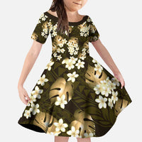 Gold Tropical Hawaii Family Matching Summer Maxi Dress and Hawaiian Shirt Seamless Monstera Plumeria Hawaiian Pattern LT14 Daughter's Dress Gold - Polynesian Pride