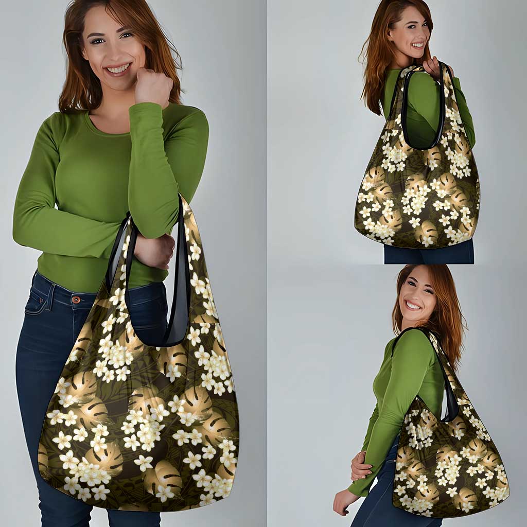 Gold Tropical Hawaii Grocery Bag Seamless Monstera Plumeria Hawaiian Pattern - Polynesian Pride