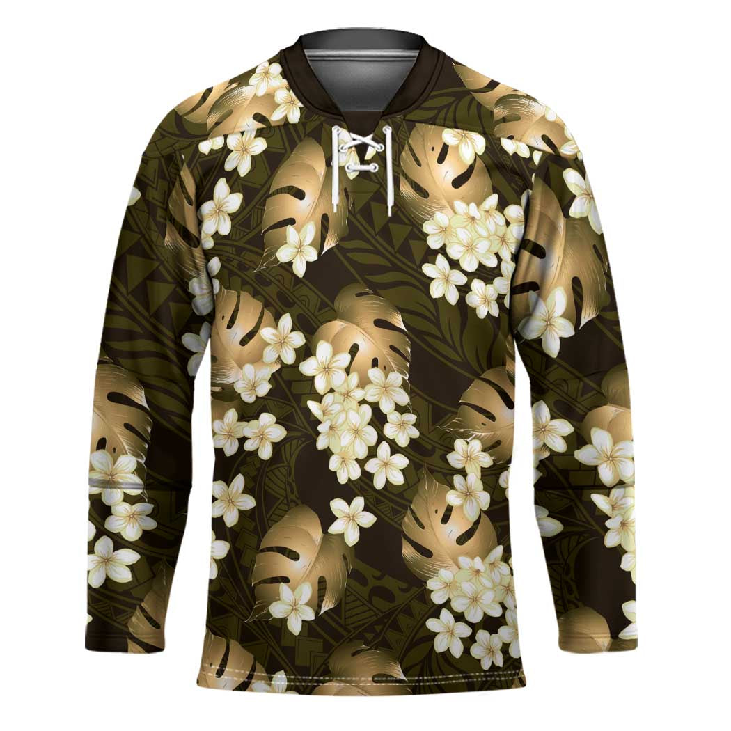 Gold Tropical Hawaii Hockey Jersey Seamless Monstera Plumeria Hawaiian Pattern - Polynesian Pride