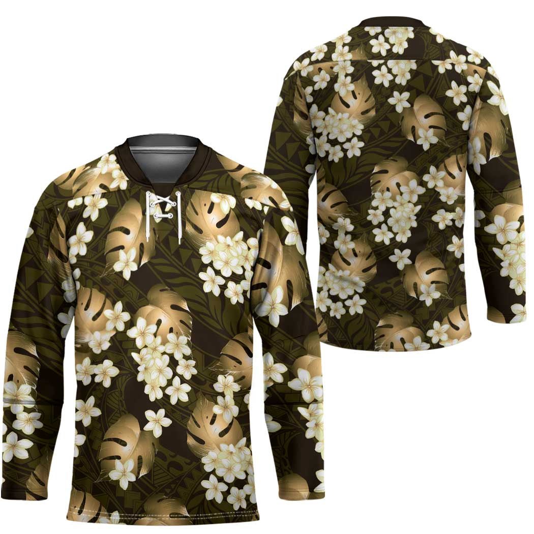 Gold Tropical Hawaii Hockey Jersey Seamless Monstera Plumeria Hawaiian Pattern - Polynesian Pride