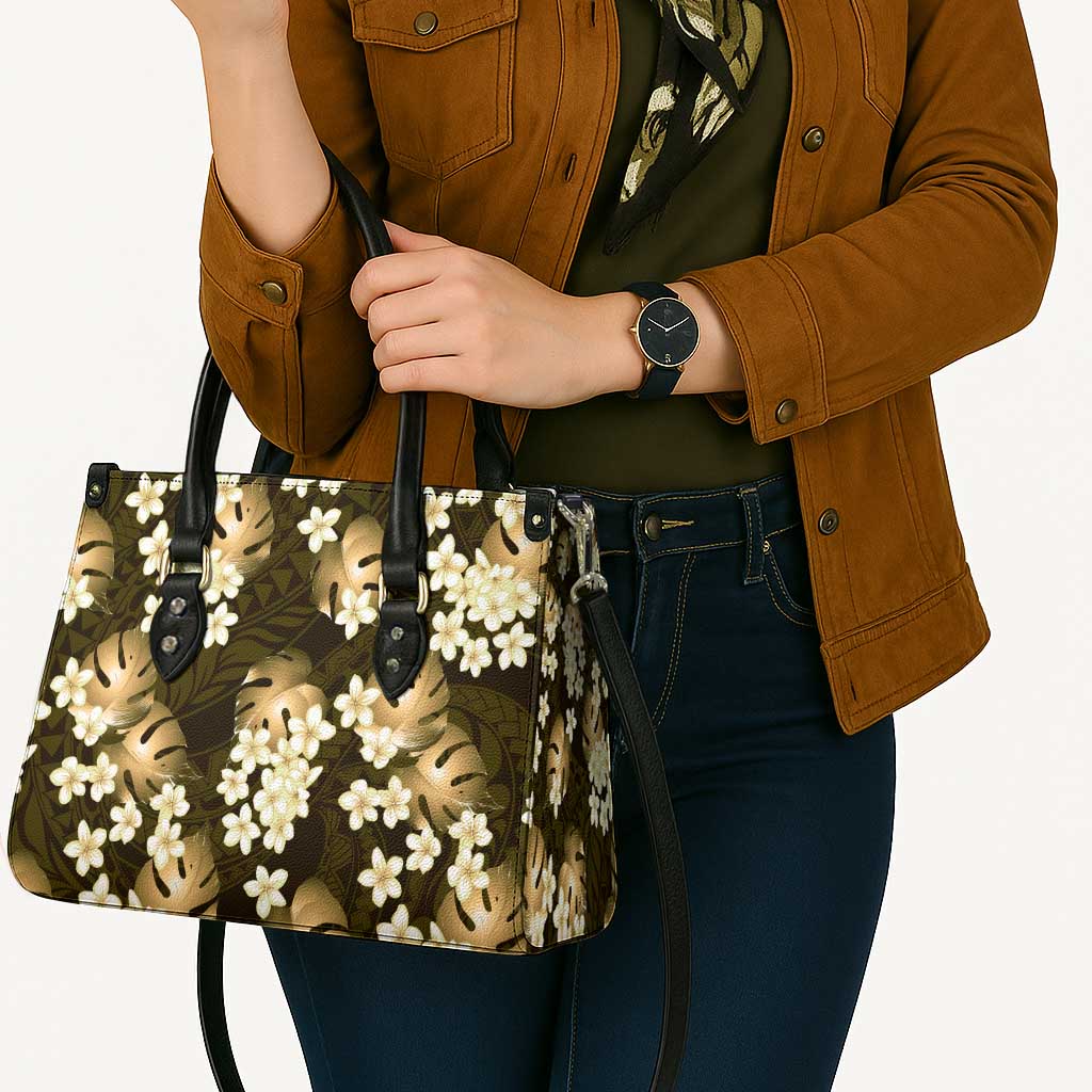 Gold Tropical Hawaii Leather Bag Seamless Monstera Plumeria Hawaiian Pattern - Polynesian Pride