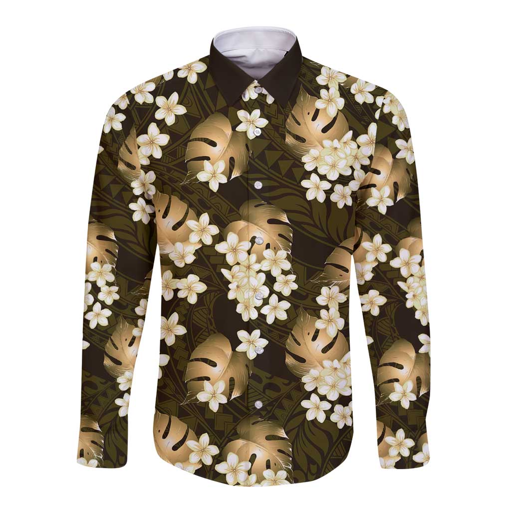 Gold Tropical Hawaii Long Sleeve Button Shirt Seamless Monstera Plumeria Hawaiian Pattern - Polynesian Pride