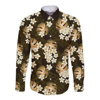 Gold Tropical Hawaii Long Sleeve Button Shirt Seamless Monstera Plumeria Hawaiian Pattern - Polynesian Pride