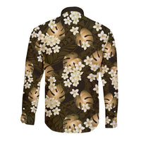 Gold Tropical Hawaii Long Sleeve Button Shirt Seamless Monstera Plumeria Hawaiian Pattern - Polynesian Pride