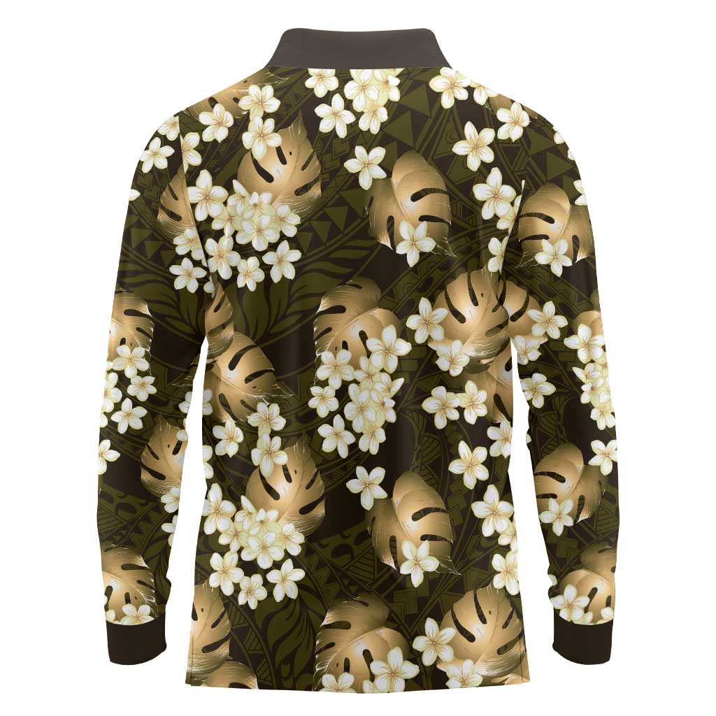 Gold Tropical Hawaii Long Sleeve Polo Shirt Seamless Monstera Plumeria Hawaiian Pattern LT14 - Polynesian Pride