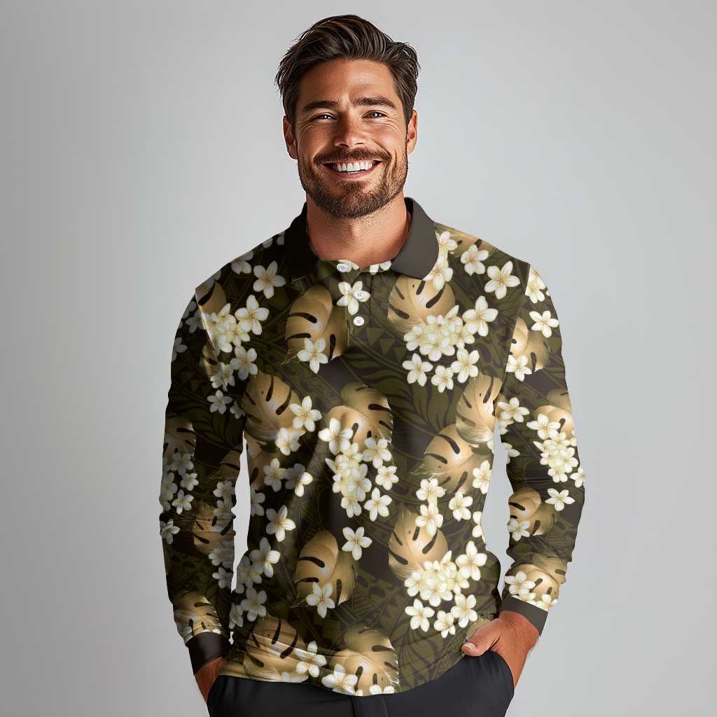 Gold Tropical Hawaii Long Sleeve Polo Shirt Seamless Monstera Plumeria Hawaiian Pattern LT14 - Polynesian Pride