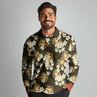 Gold Tropical Hawaii Long Sleeve Polo Shirt Seamless Monstera Plumeria Hawaiian Pattern LT14 - Polynesian Pride