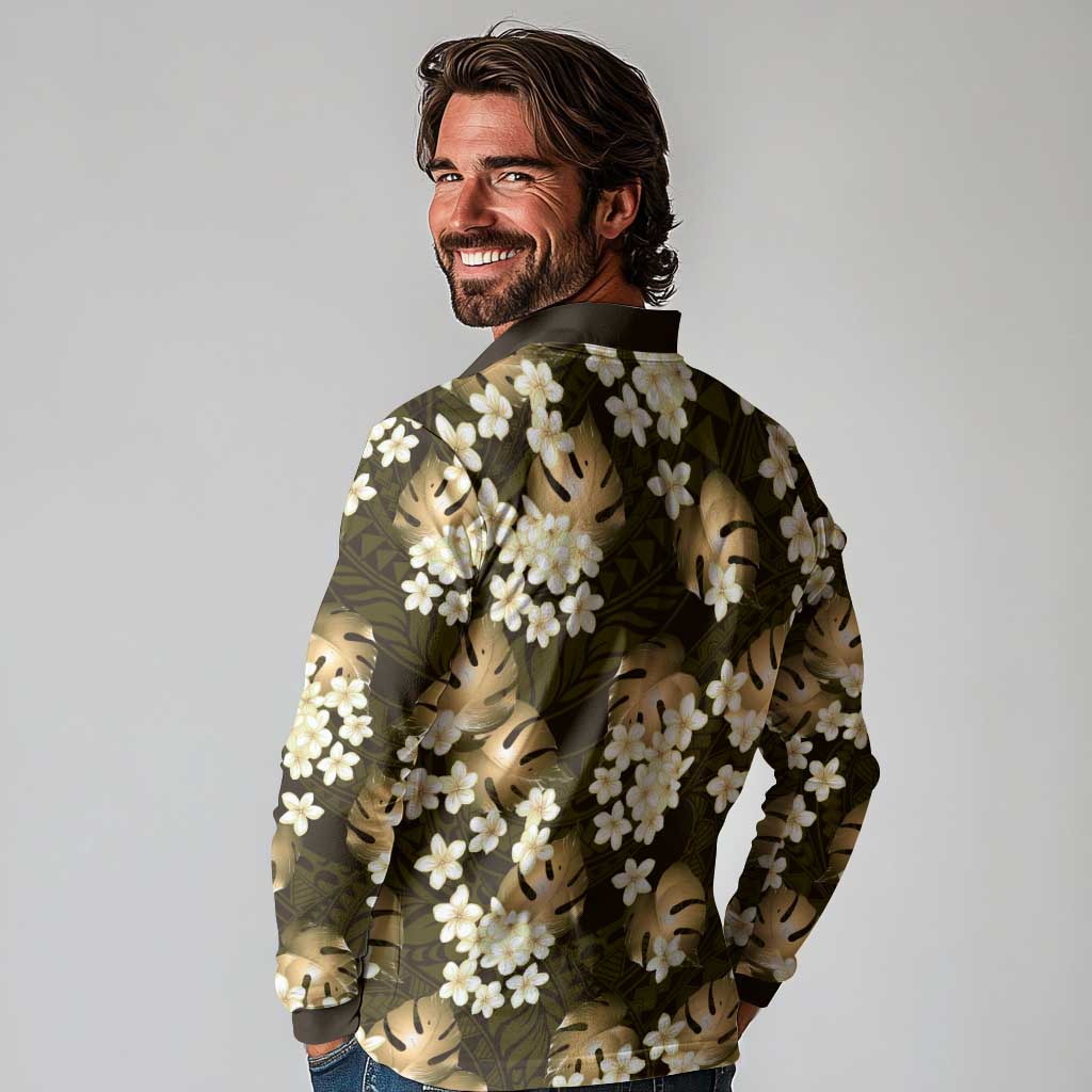 Gold Tropical Hawaii Long Sleeve Polo Shirt Seamless Monstera Plumeria Hawaiian Pattern LT14 - Polynesian Pride