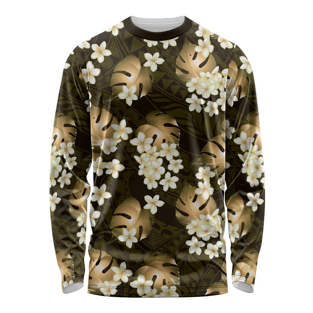 Gold Tropical Hawaii Long Sleeve Shirt Seamless Monstera Plumeria Hawaiian Pattern - Polynesian Pride