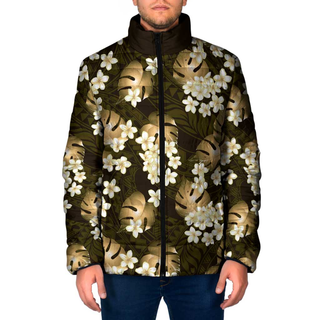 Gold Tropical Hawaii Padded Jacket Seamless Monstera Plumeria Hawaiian Pattern - Polynesian Pride