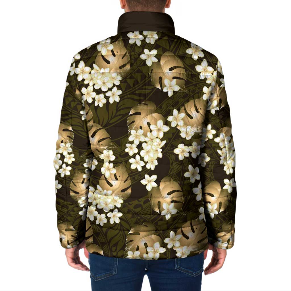 Gold Tropical Hawaii Padded Jacket Seamless Monstera Plumeria Hawaiian Pattern - Polynesian Pride