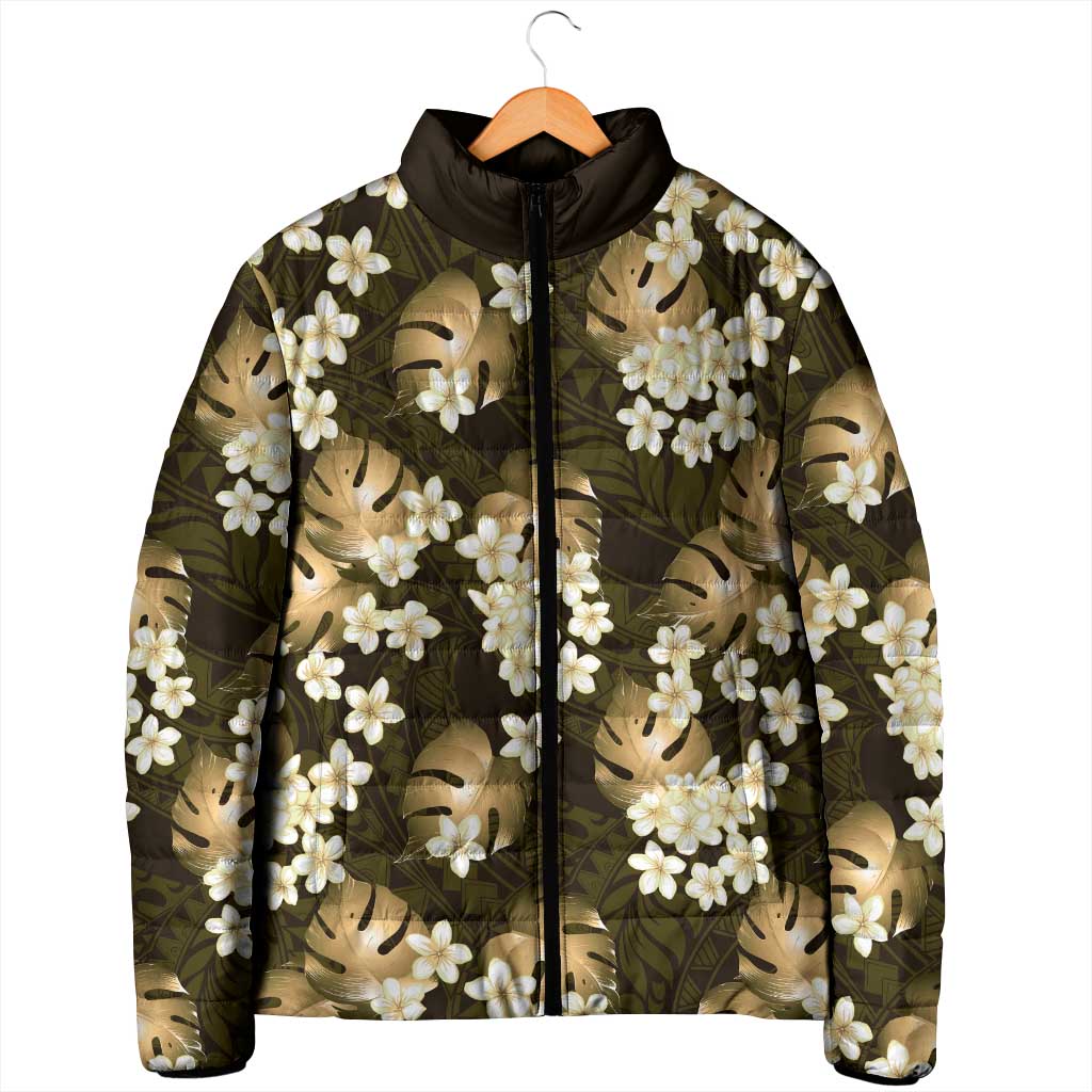Gold Tropical Hawaii Padded Jacket Seamless Monstera Plumeria Hawaiian Pattern - Polynesian Pride