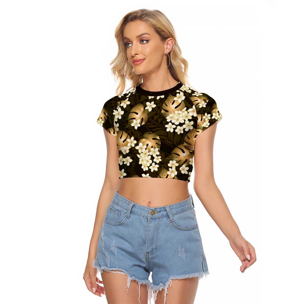 Gold Tropical Hawaii Raglan Cropped T Shirt Seamless Monstera Plumeria Hawaiian Pattern LT14 Female Gold - Polynesian Pride