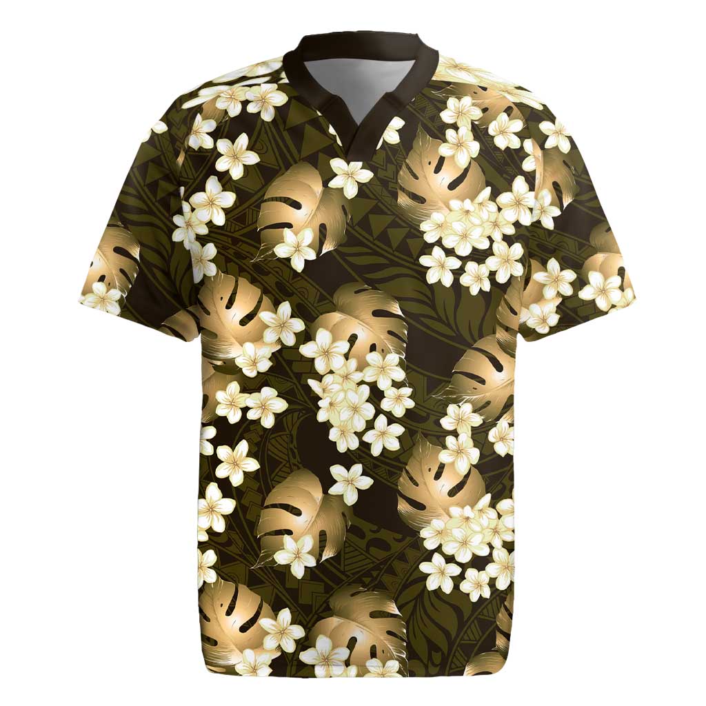 Gold Tropical Hawaii Rugby Jersey Seamless Monstera Plumeria Hawaiian Pattern - Polynesian Pride