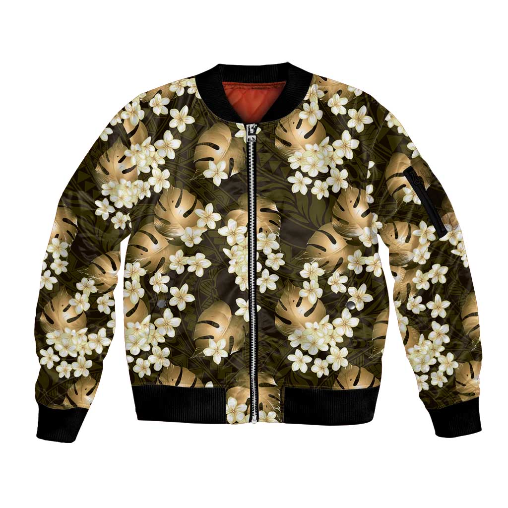 Gold Tropical Hawaii Sleeve Zip Bomber Jacket Seamless Monstera Plumeria Hawaiian Pattern - Polynesian Pride