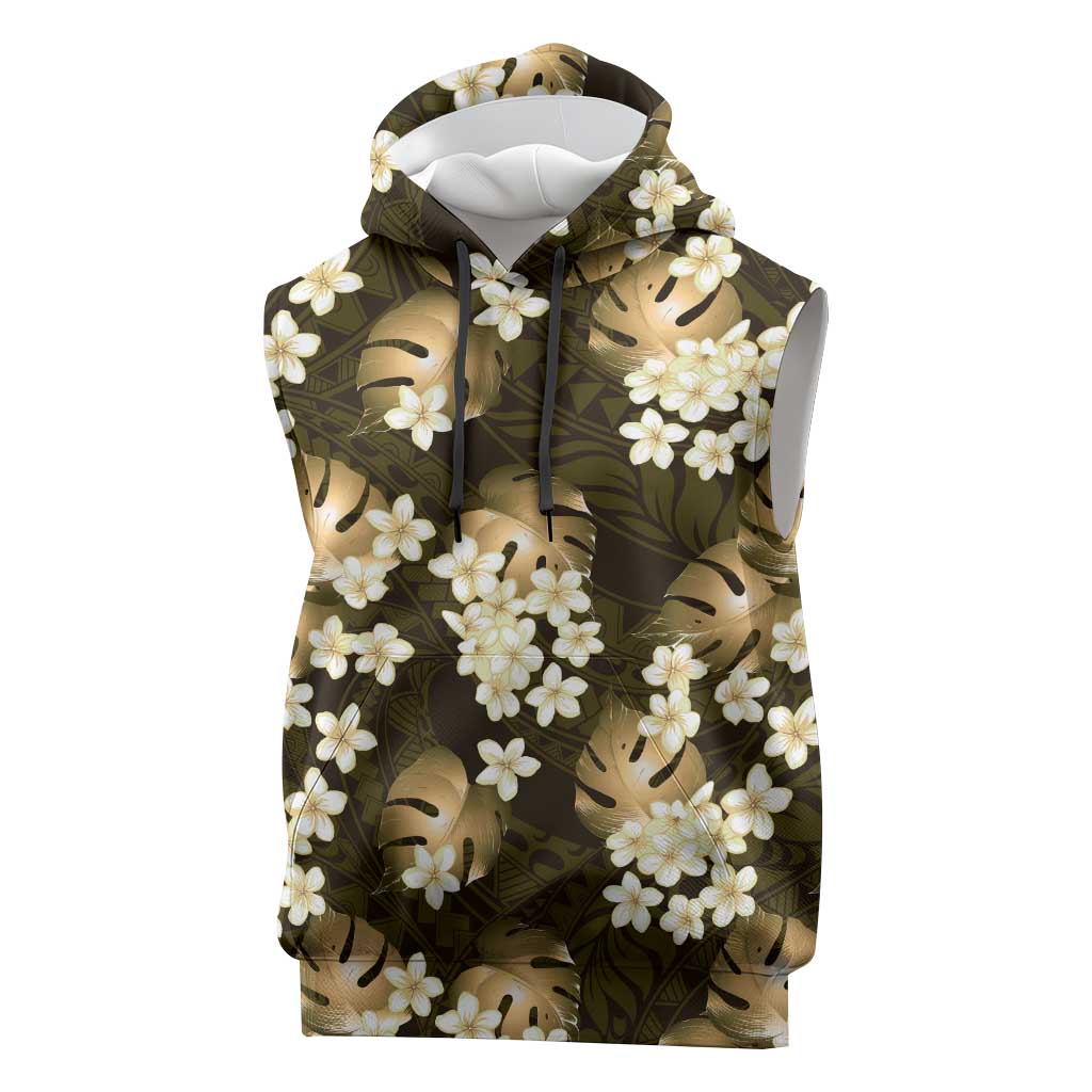 Gold Tropical Hawaii Sleeveless Hoodie Seamless Monstera Plumeria Hawaiian Pattern - Polynesian Pride