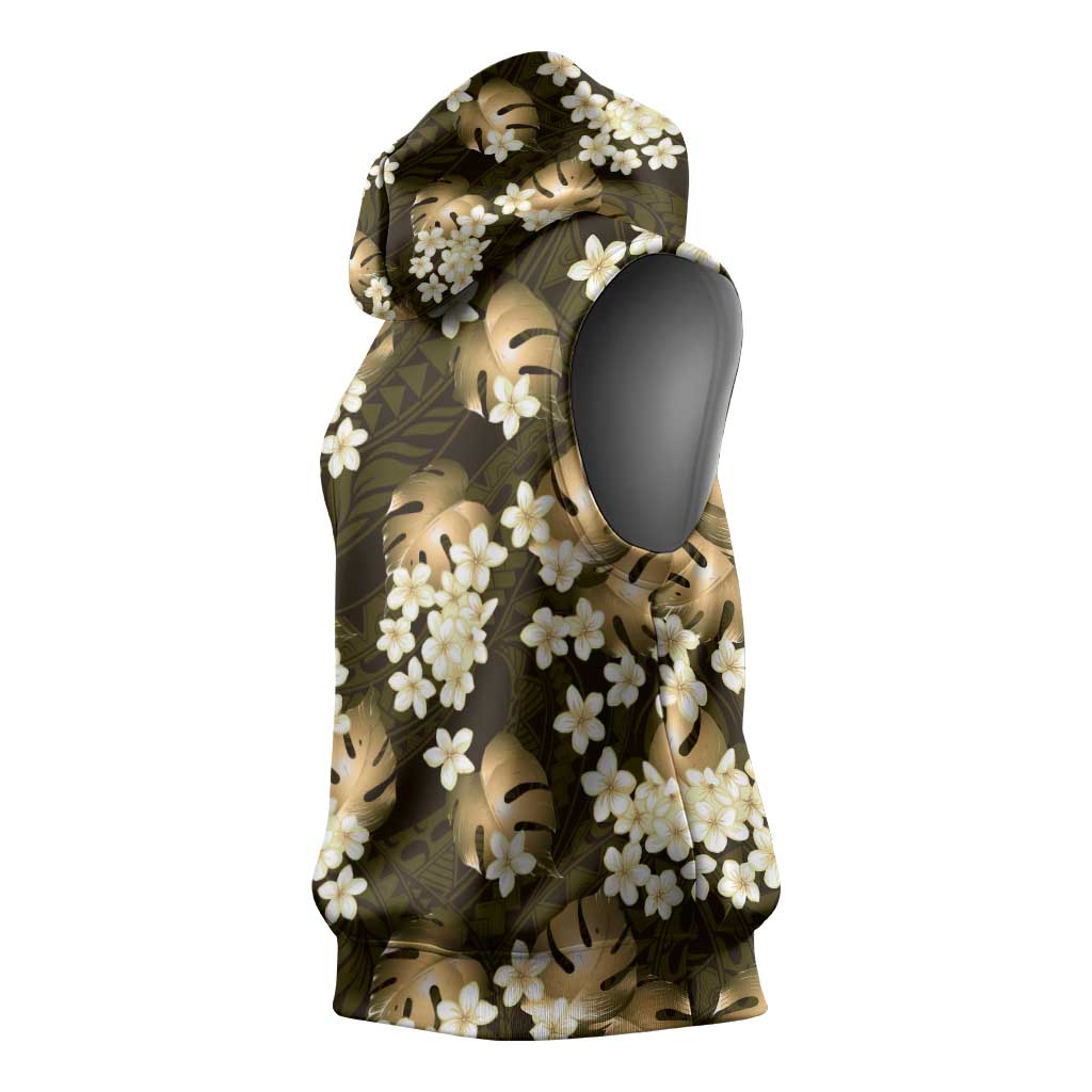 Gold Tropical Hawaii Sleeveless Hoodie Seamless Monstera Plumeria Hawaiian Pattern - Polynesian Pride