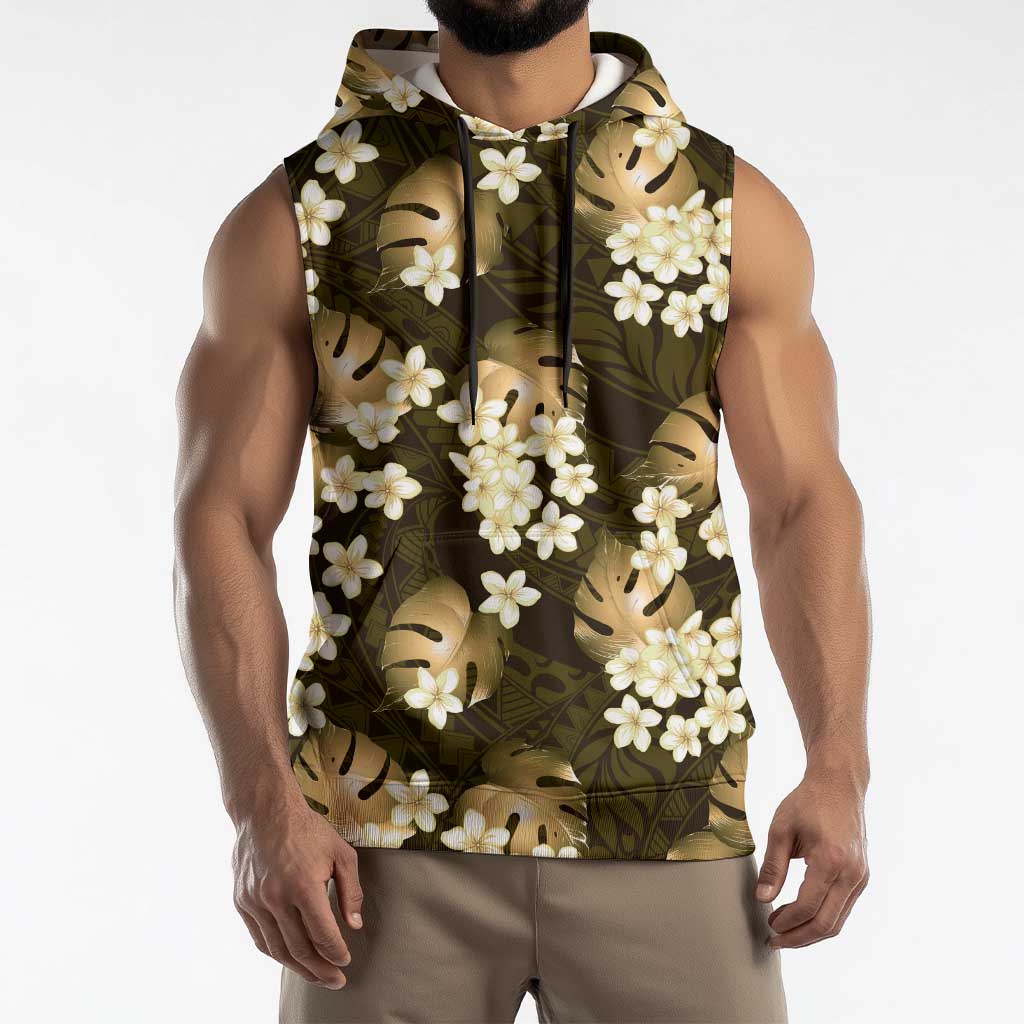 Gold Tropical Hawaii Sleeveless Hoodie Seamless Monstera Plumeria Hawaiian Pattern - Polynesian Pride
