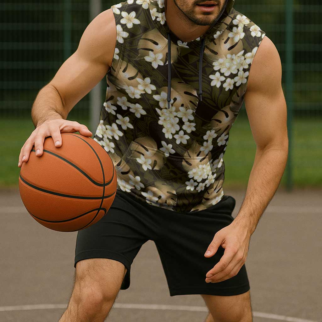 Gold Tropical Hawaii Sleeveless Hoodie Seamless Monstera Plumeria Hawaiian Pattern - Polynesian Pride