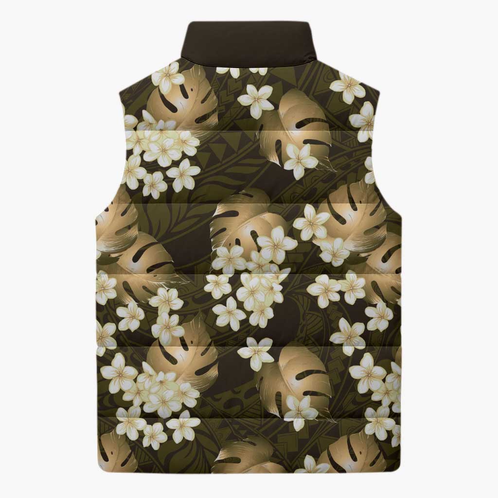 Gold Tropical Hawaii Sleeveless Puffer Jacket Seamless Monstera Plumeria Hawaiian Pattern - Polynesian Pride