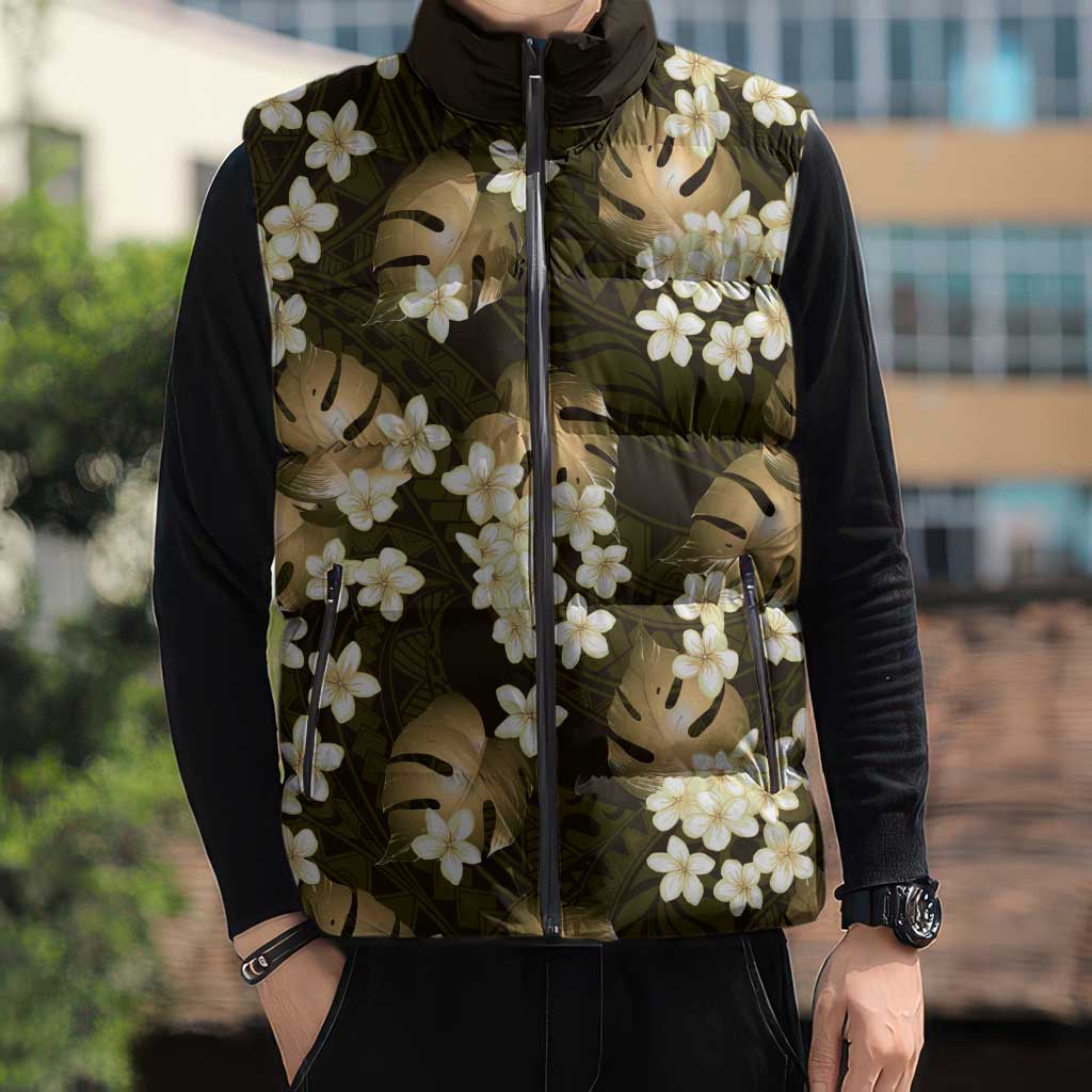 Gold Tropical Hawaii Sleeveless Puffer Jacket Seamless Monstera Plumeria Hawaiian Pattern - Polynesian Pride