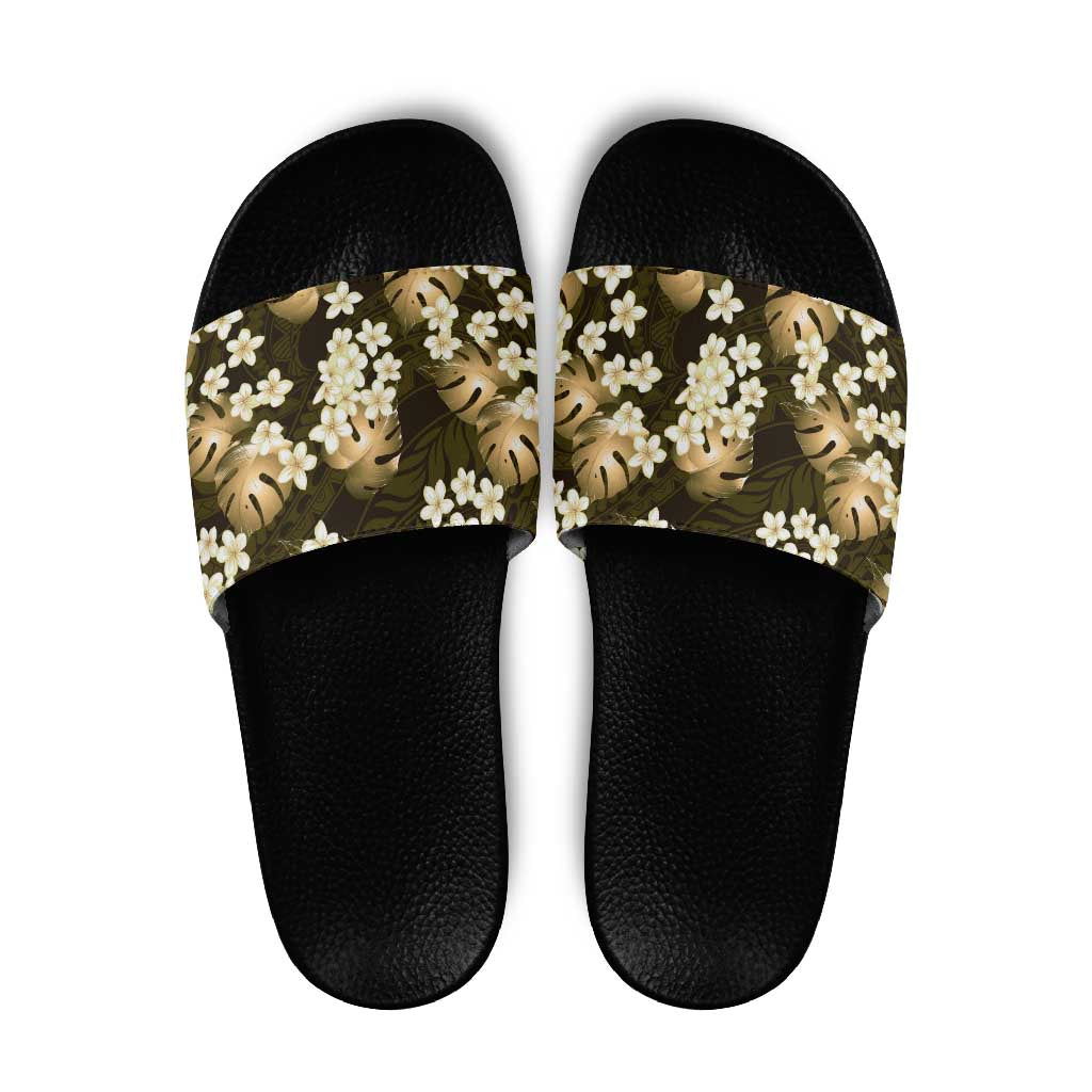 Gold Tropical Hawaii Slide Sandals Seamless Monstera Plumeria Hawaiian Pattern - Polynesian Pride